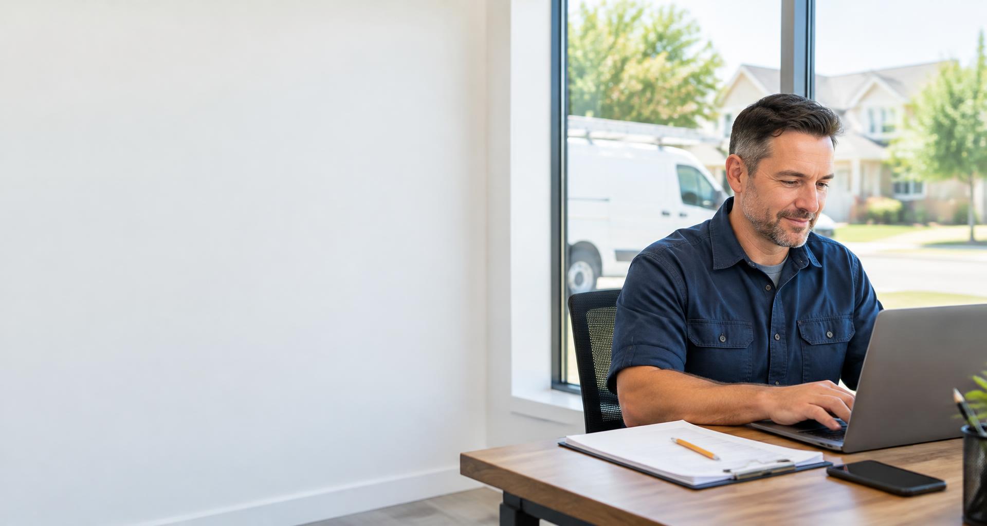 Illustrative service business owner working in a workshop office
